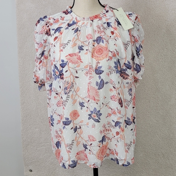 Rachel Zoe Muti Color Floral Bohemian Chic Chiffon Short Sleeve Blouse  L NEW - Picture 1 of 14